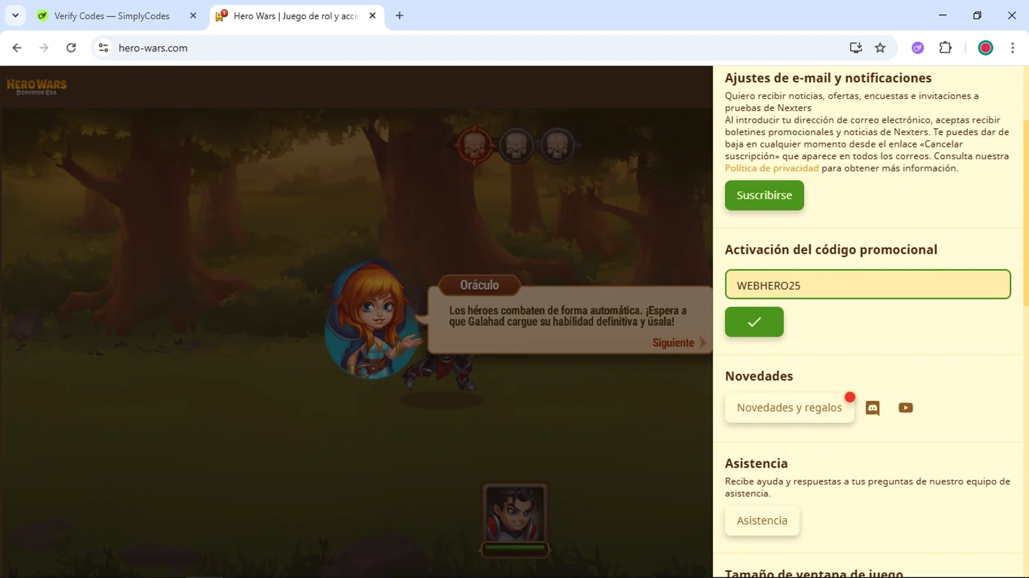 Hero Wars promo code screenshot showing code WEBHERO25 applied at Hero Wars checkout page. Uploaded by SimplyCodes community member DiscountSentinel4513 on Dec 10, 2025