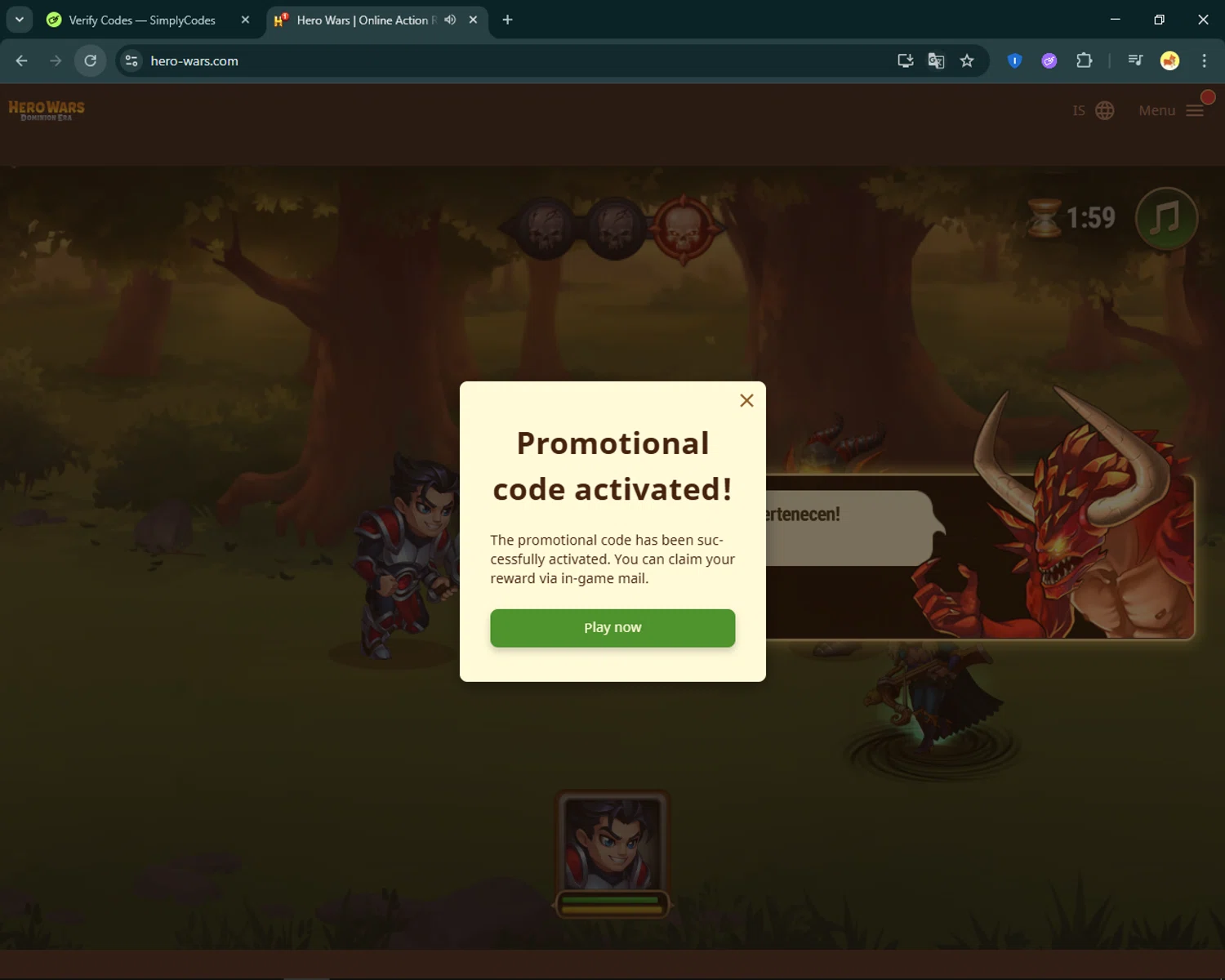 Hero Wars promo code screenshot showing code WEBHERO25 applied at Hero Wars checkout page. Uploaded by SimplyCodes community member SmartFinder4193 on Nov 11, 2025