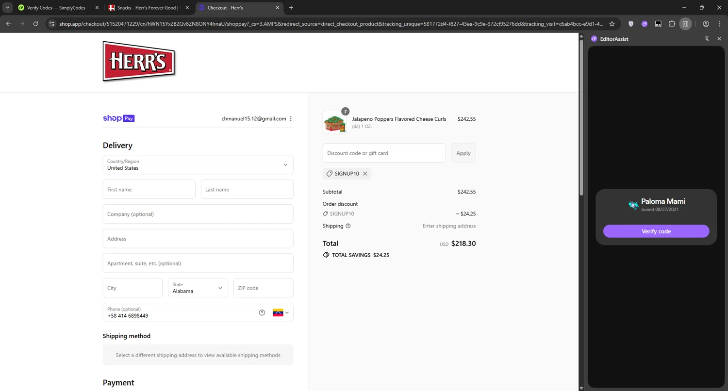 Herr's coupon code screenshot showing code SIGNUP10 applied at Herr's checkout page. Uploaded by SimplyCodes community member manuelchirinos2 on Jul 27, 2025