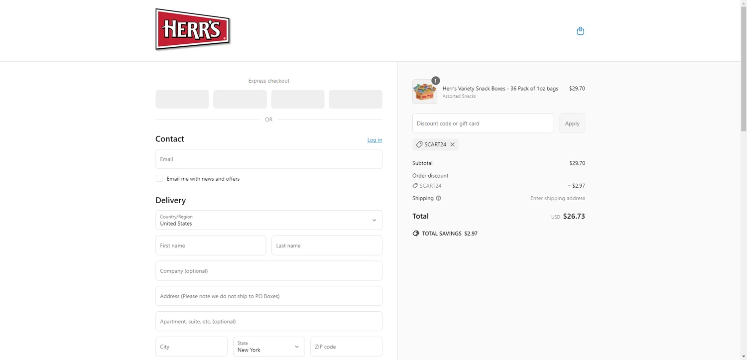 Herr's coupon code screenshot showing code SCART24 applied at Herr's checkout page. Uploaded by SimplyCodes community member ValiantAce1810 on Jun 9, 2025
