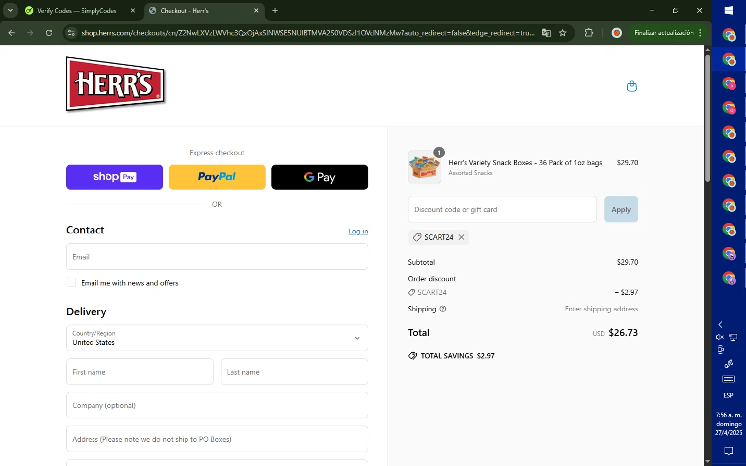 Herr's coupon code screenshot showing code SCART24 applied at Herr's checkout page. Uploaded by SimplyCodes community member SalePhoenix823 on Apr 27, 2025