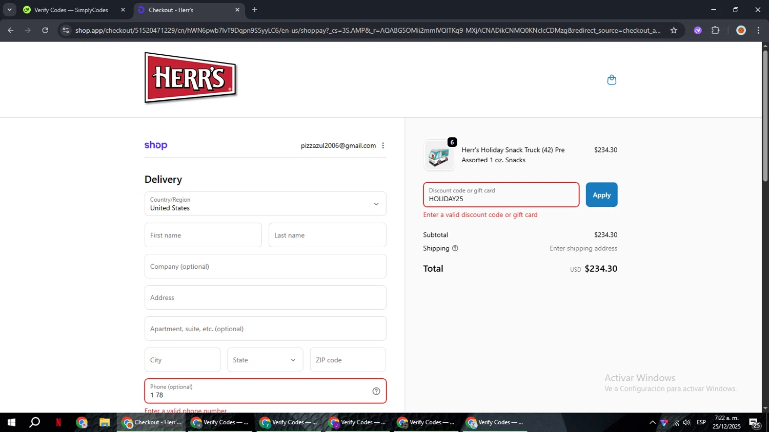 Herr's coupon code screenshot showing code HOLIDAY25 applied at Herr's checkout page. Uploaded by SimplyCodes community member BonusCaptain9927 on Dec 25, 2025