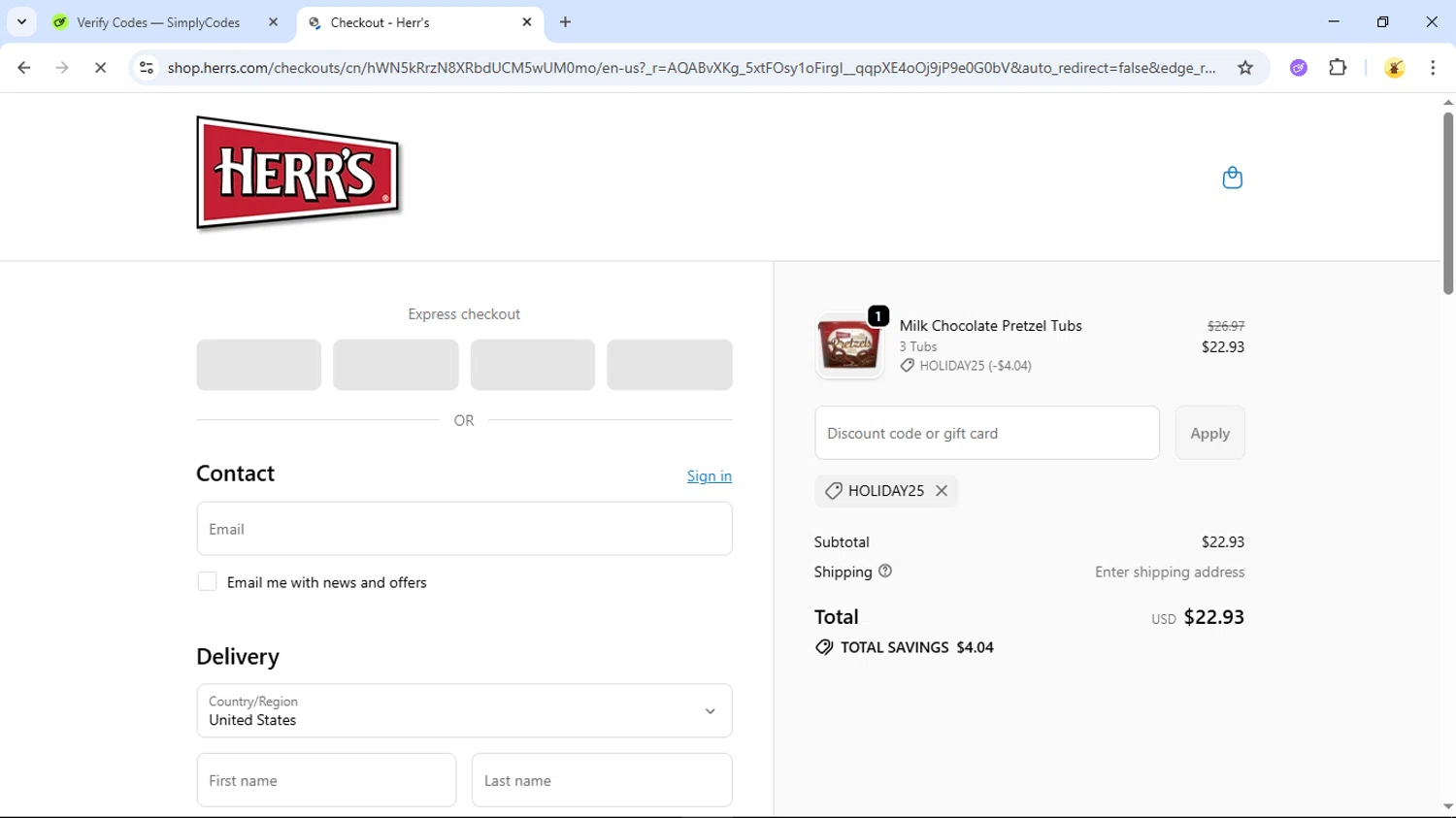 Herr's coupon code screenshot showing code HOLIDAY25 applied at Herr's checkout page. Uploaded by SimplyCodes community member GloriousSage2502 on Nov 26, 2025