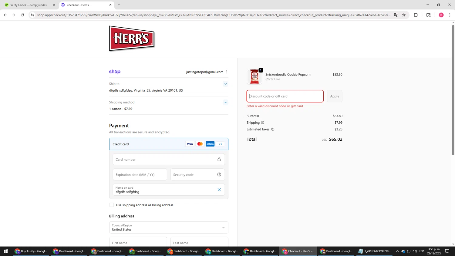 Herr's coupon code screenshot showing code blackfri25 applied at Herr's checkout page. Uploaded by SimplyCodes community member TTTT55 on Dec 22, 2025
