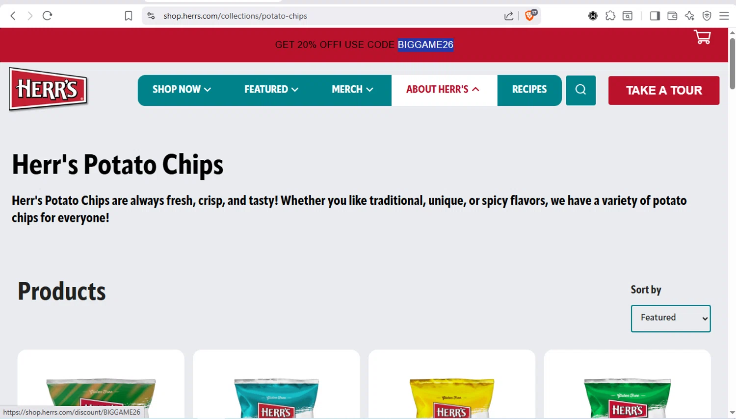 Herr's checkout page showing Herr's coupon code box | Screenshot taken by SimplyCodes community member on Jan 24, 2026