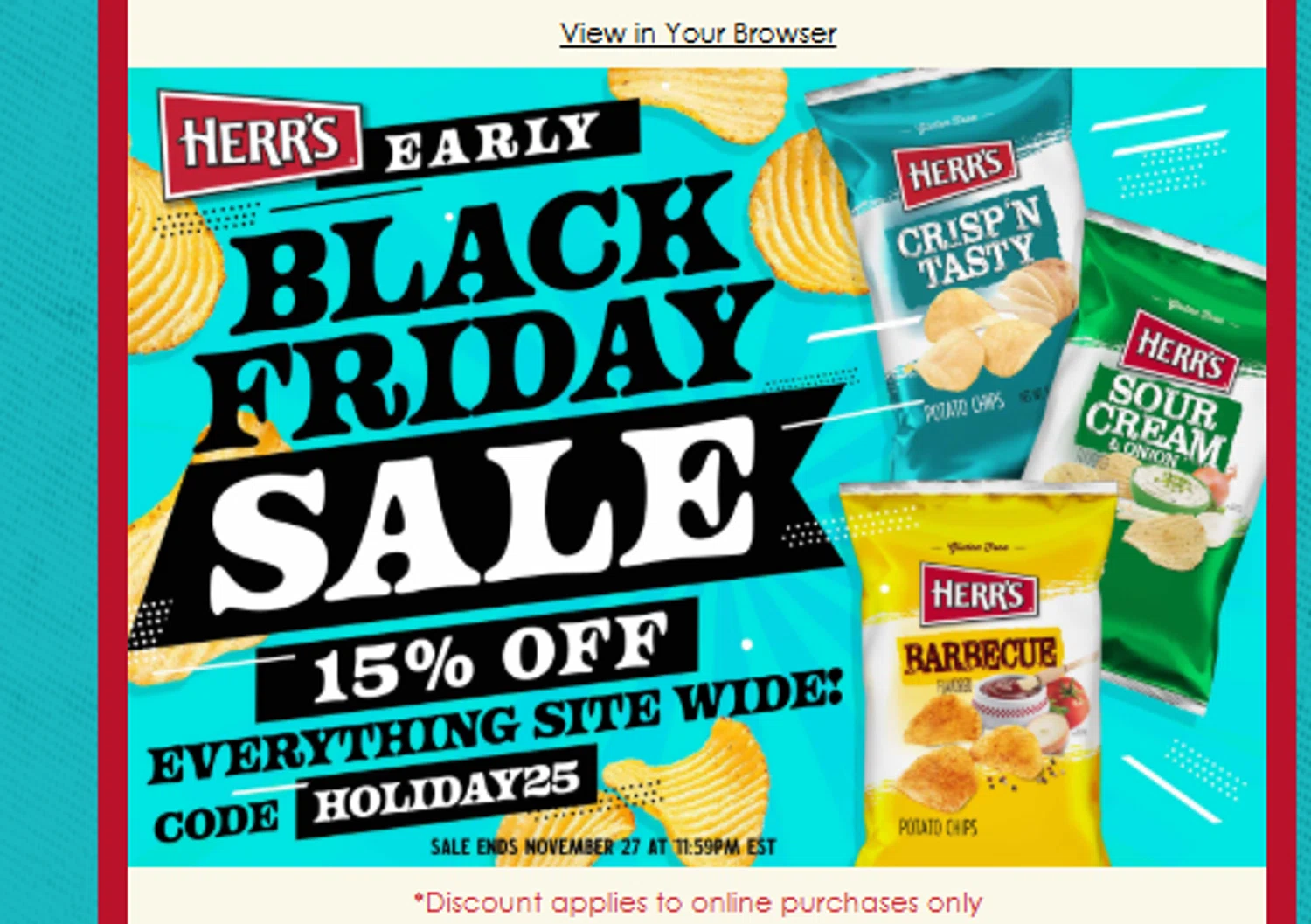Herr's coupon code screenshot showing code HOLIDAY25 applied at Herr's checkout page. Uploaded by SimplyCodes community member YISUZZ on Nov 26, 2025