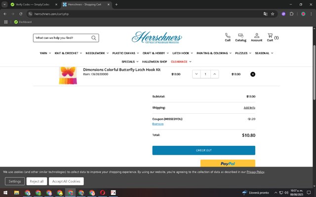 Herrschners checkout page showing Herrschners coupon code box | Screenshot taken by SimplyCodes community member on Aug 8, 2025