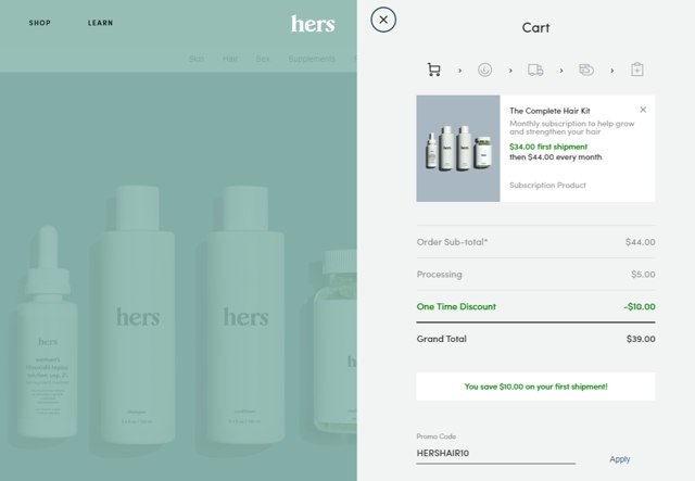 Hers checkout page showing Hers promo code box | Screenshot taken by SimplyCodes community member on Aug 11, 2020
