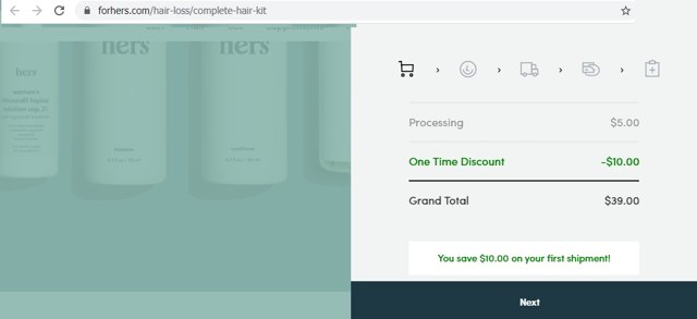 Hers checkout page showing Hers promo code box | Screenshot taken by SimplyCodes community member on Aug 11, 2020