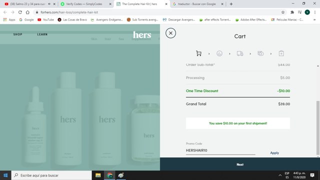 Hers checkout page showing Hers promo code box | Screenshot taken by SimplyCodes community member on Aug 11, 2020
