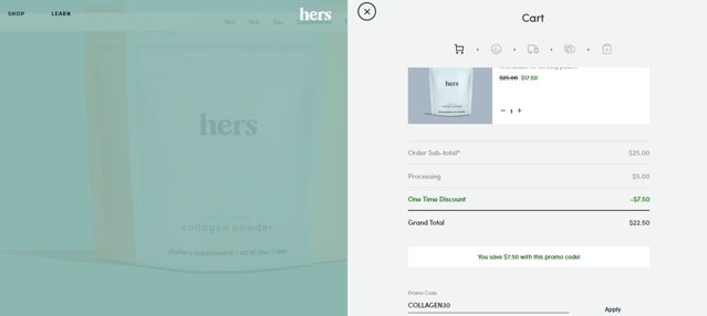 Hers checkout page showing Hers promo code box | Screenshot taken by SimplyCodes community member on Aug 10, 2020