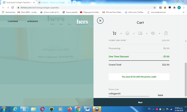 Hers checkout page showing Hers promo code box | Screenshot taken by SimplyCodes community member on Aug 11, 2020