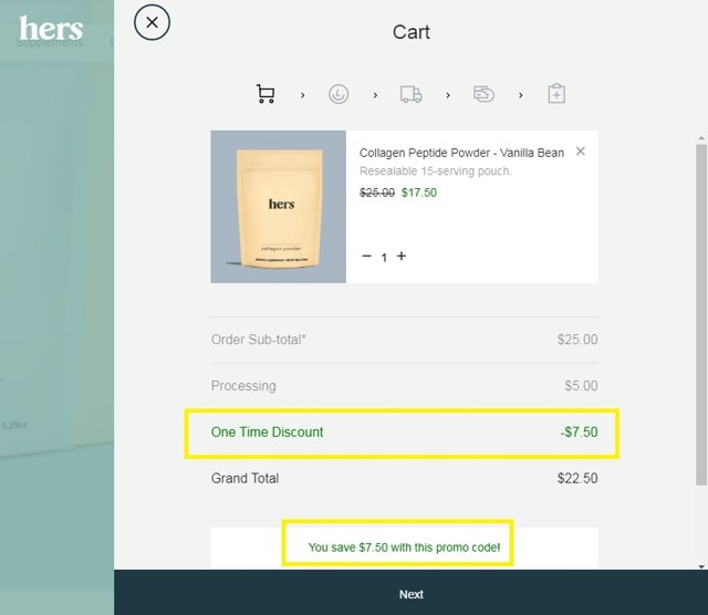Hers checkout page showing Hers promo code box | Screenshot taken by SimplyCodes community member on Aug 11, 2020