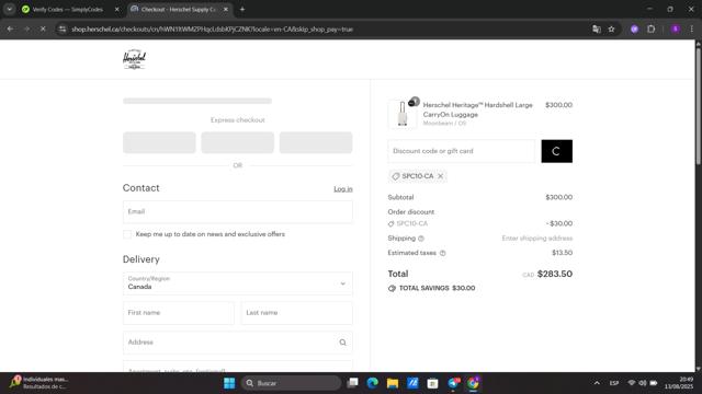 Herschel Supply Co. checkout page showing Herschel Supply Co. discount code box | Screenshot taken by SimplyCodes community member on Aug 14, 2025