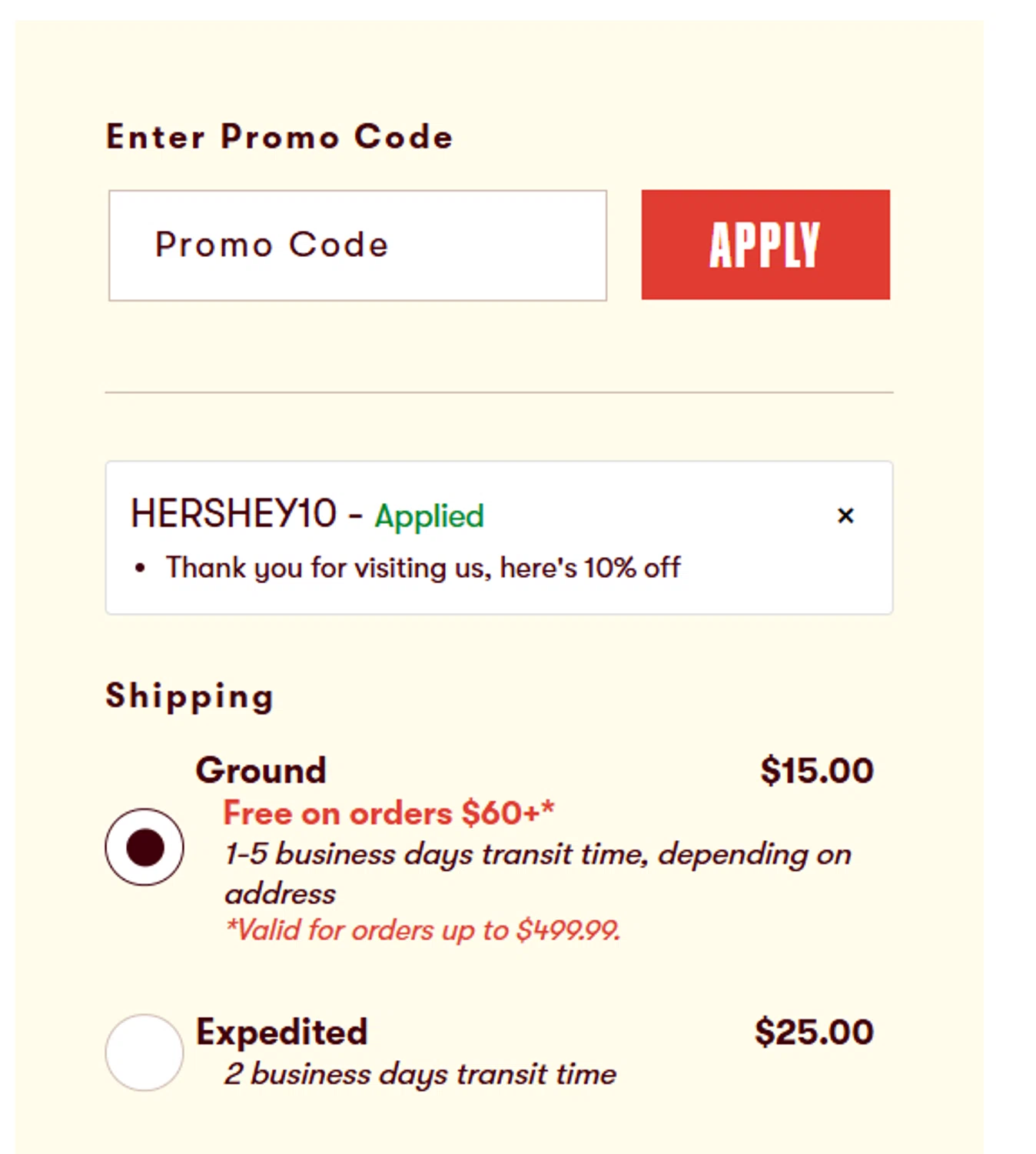 Hershey's Store promo code screenshot showing code HERSHEY10 applied at Hershey's Store checkout page. Uploaded by SimplyCodes community member _Flash_ on Aug 18, 2025