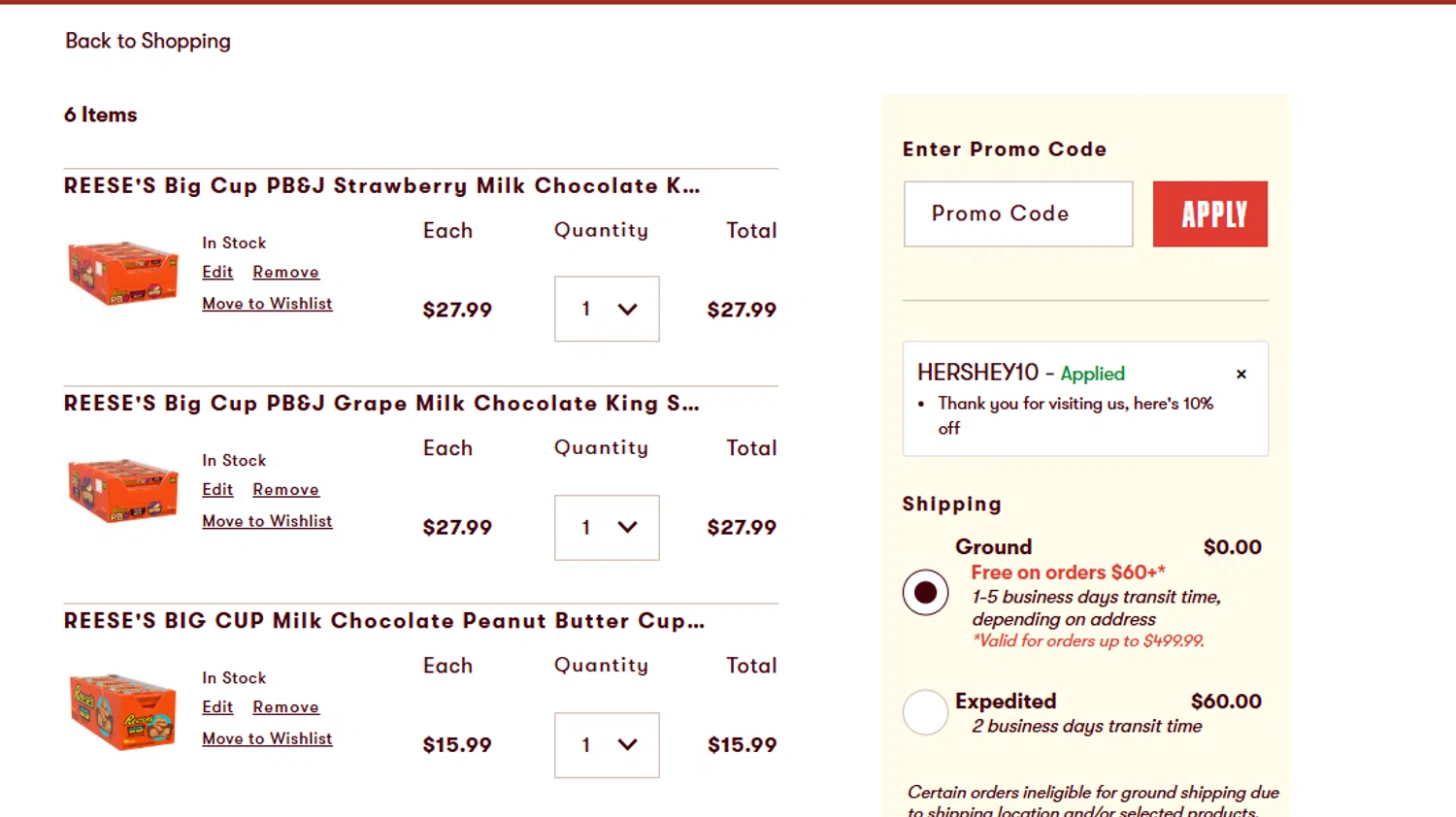 Hershey's Store promo code screenshot showing code HERSHEY10 applied at Hershey's Store checkout page. Uploaded by SimplyCodes community member Juanls04 on Jun 22, 2025