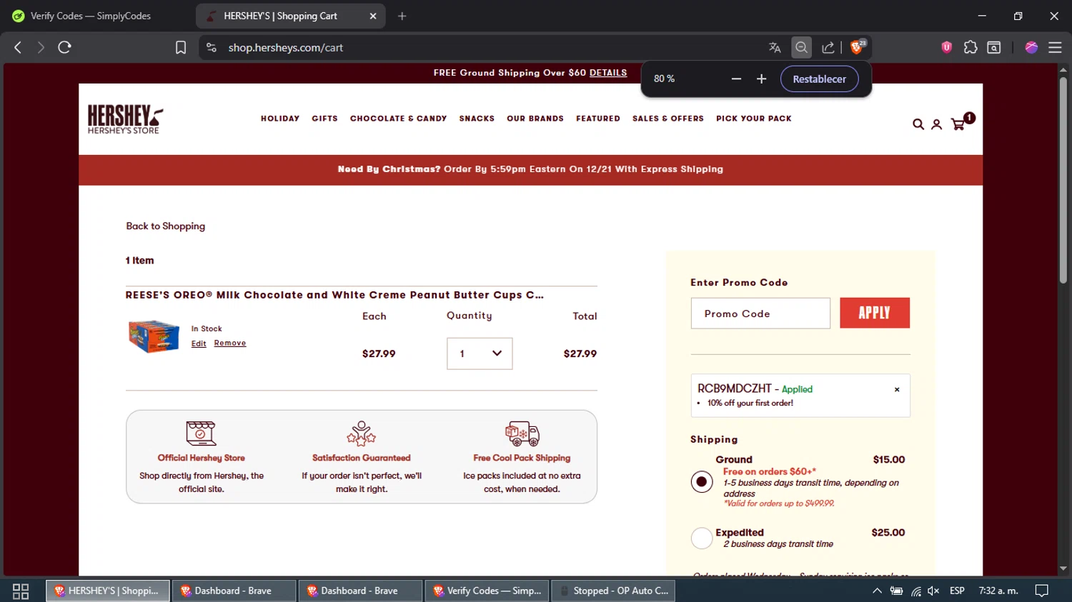 Hershey's Store promo code screenshot showing code RCB9MDCZHT applied at Hershey's Store checkout page. Uploaded by SimplyCodes community member Samira on Dec 19, 2025