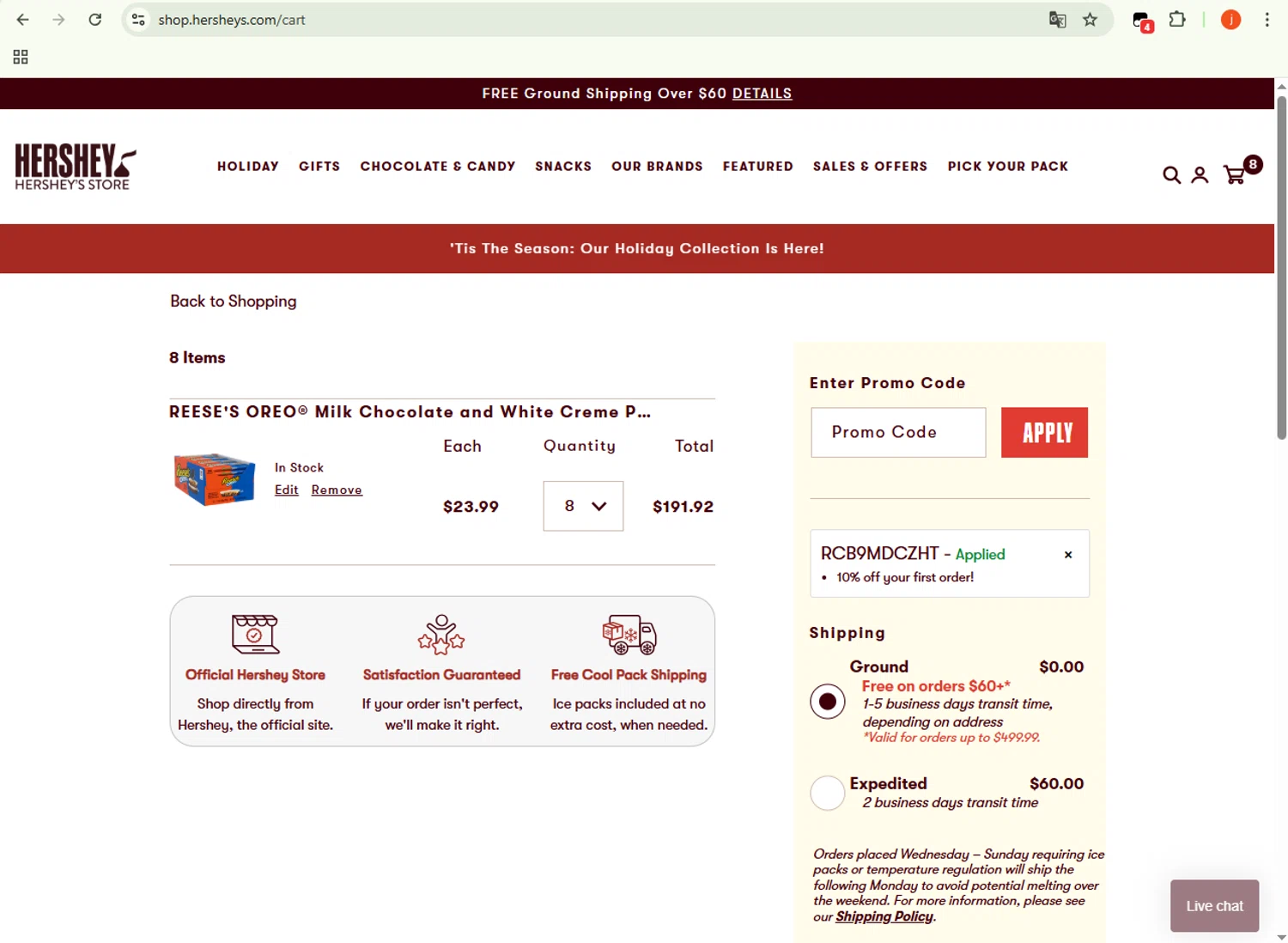 Hershey's Store promo code screenshot showing code RCB9MDCZHT applied at Hershey's Store checkout page. Uploaded by SimplyCodes community member WonderSpotter5339 on Nov 2, 2025