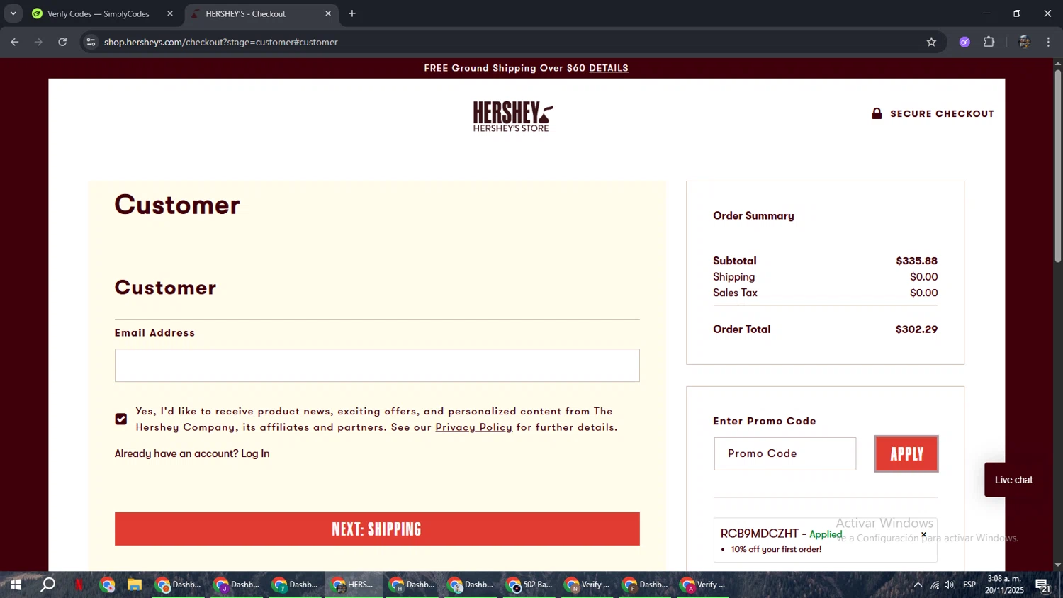 Hershey's Store promo code screenshot showing code RCB9MDCZHT applied at Hershey's Store checkout page. Uploaded by SimplyCodes community member xxdddd on Nov 20, 2025
