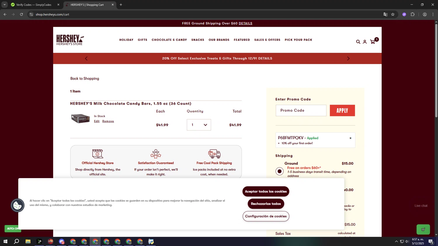 Hershey's Store promo code screenshot showing code P6BFMTPQKV applied at Hershey's Store checkout page. Uploaded by SimplyCodes community member lllllllllllllll on Dec 5, 2025