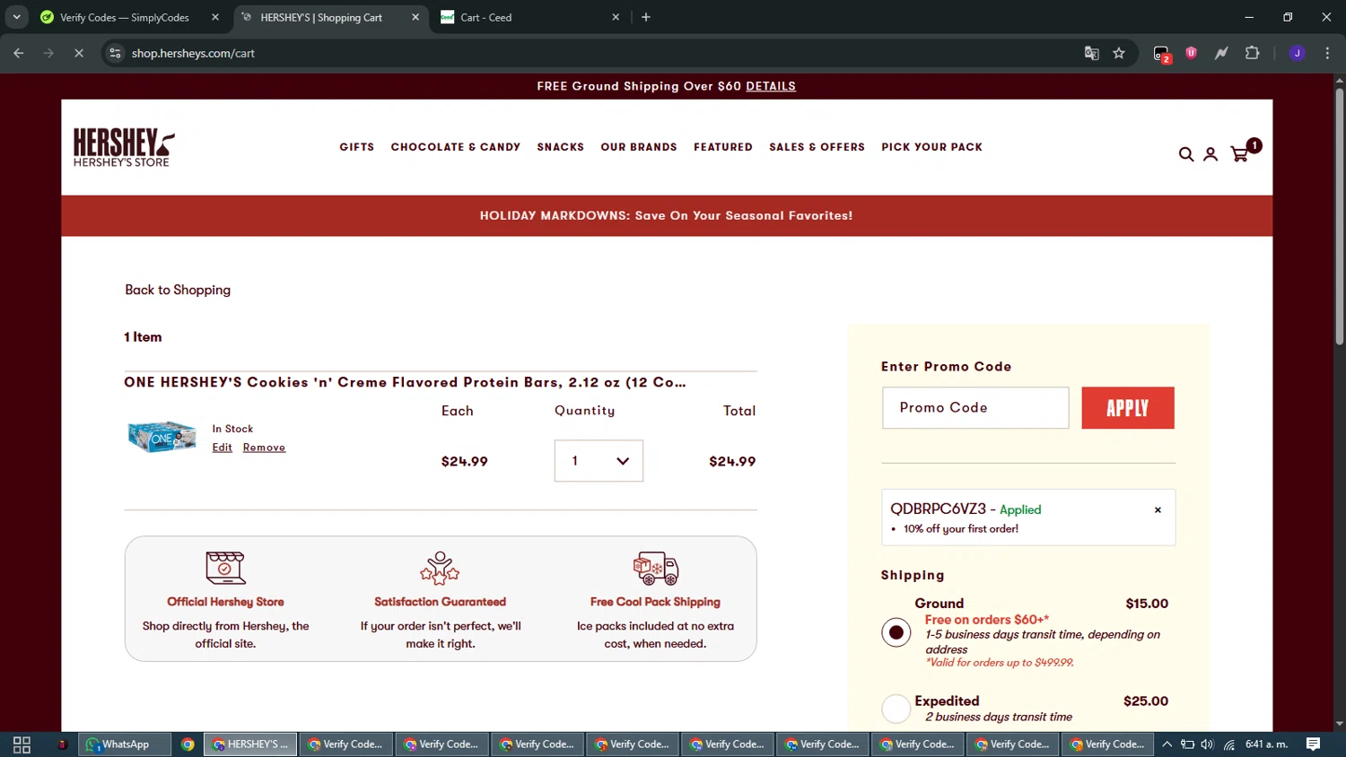 Hershey's Store promo code screenshot showing code QDBRPC6VZ3 applied at Hershey's Store checkout page. Uploaded by SimplyCodes community member WiseMaven9968 on Jan 3, 2026