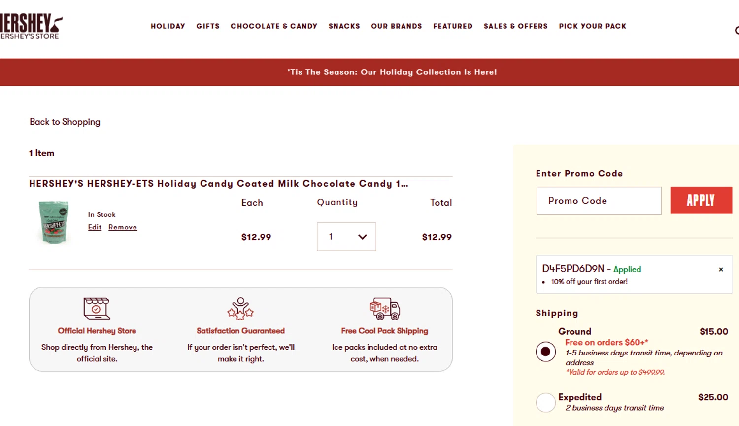 Hershey's Store promo code screenshot showing code D4F5PD6D9N applied at Hershey's Store checkout page. Uploaded by SimplyCodes community member ashe1986 on Nov 6, 2025