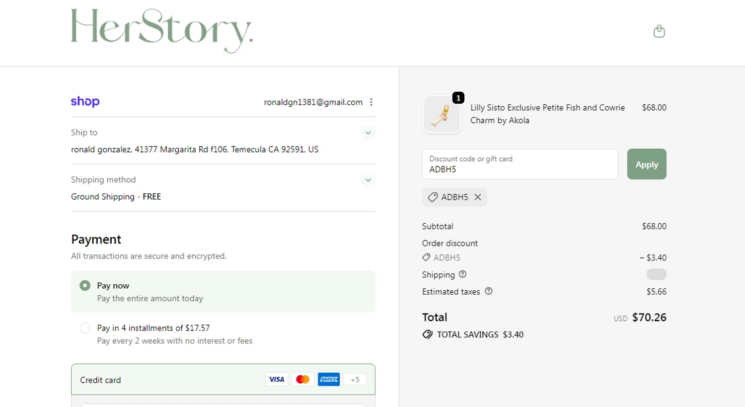 HerStory promo code screenshot showing code ADBH5 applied at HerStory checkout page. Uploaded by SimplyCodes community member Yuskeilyn20 on Jan 7, 2026