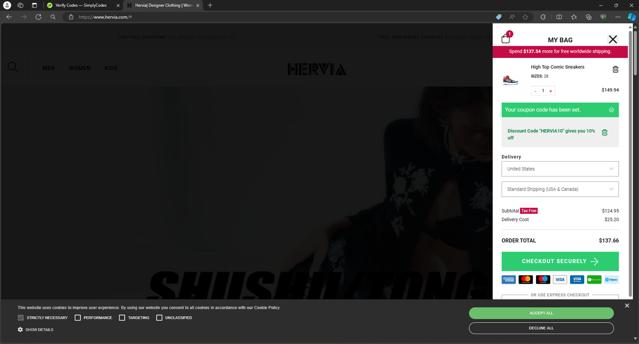Hervia checkout page showing Hervia discount code box | Screenshot taken by SimplyCodes community member on Apr 29, 2024