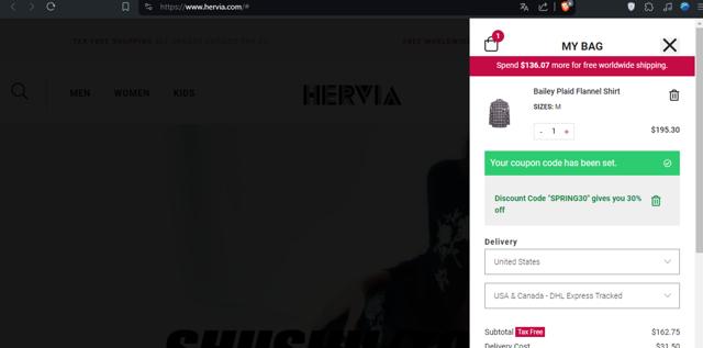 Hervia checkout page showing Hervia discount code box | Screenshot taken by SimplyCodes community member on Apr 25, 2024