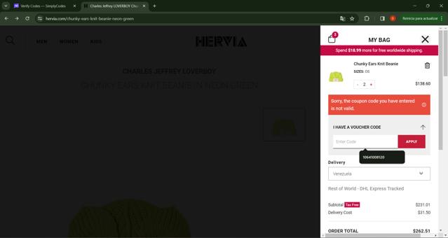 Hervia checkout page showing Hervia discount code box | Screenshot taken by SimplyCodes community member on Apr 14, 2024