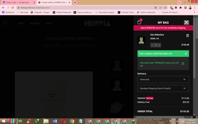 Hervia checkout page showing Hervia discount code box | Screenshot taken by SimplyCodes community member on Mar 28, 2024