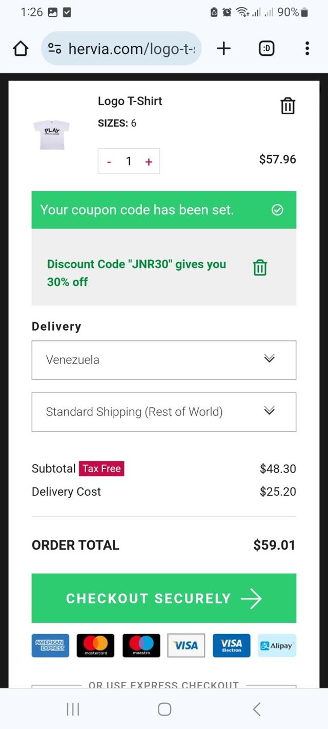 Hervia checkout page showing Hervia discount code box | Screenshot taken by SimplyCodes community member on Mar 12, 2024