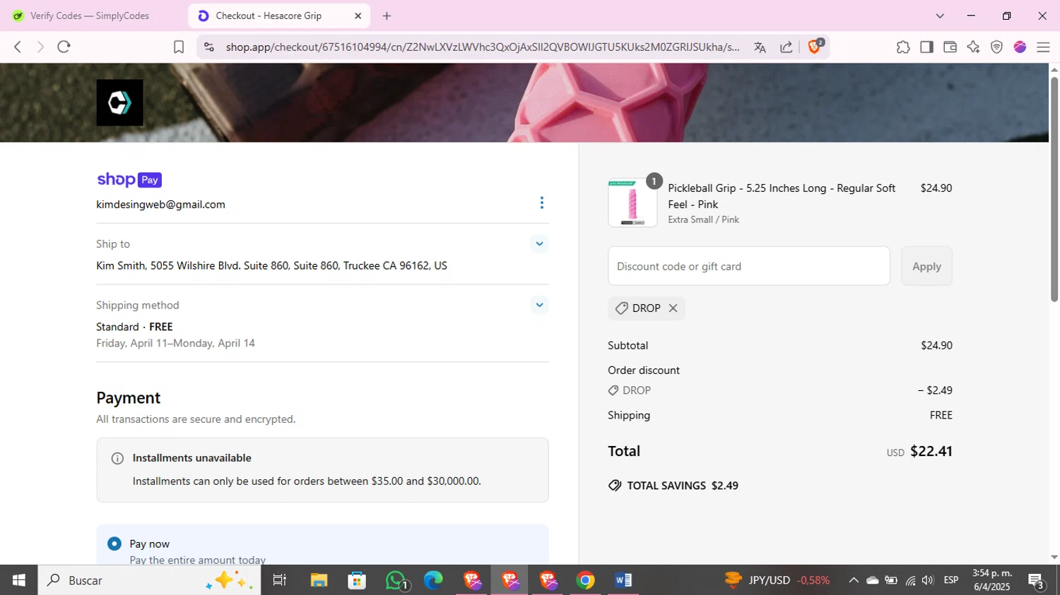 Hesacore Pickleball Grip promo code screenshot showing code DROP applied at Hesacore Pickleball Grip checkout page. Uploaded by SimplyCodes community member KimChrista_ on Apr 6, 2025