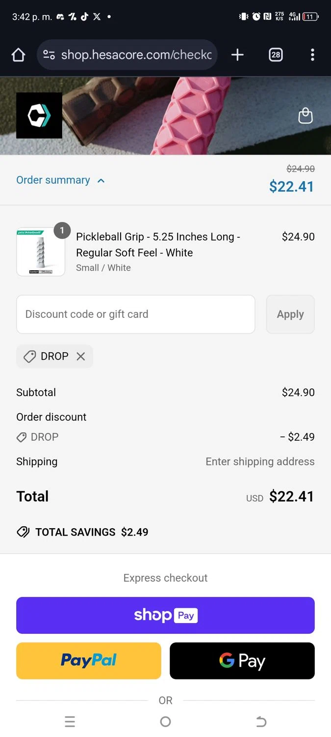Hesacore Pickleball Grip promo code screenshot showing code DROP applied at Hesacore Pickleball Grip checkout page. Uploaded by SimplyCodes community member kikimbappe on Apr 6, 2025