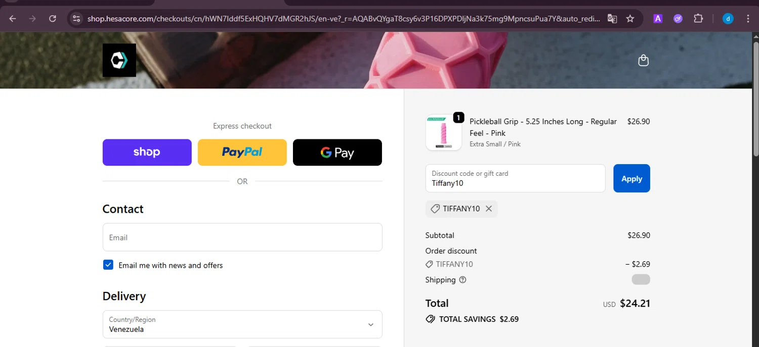 Hesacore Pickleball Grip promo code screenshot showing code Tiffany10 applied at Hesacore Pickleball Grip checkout page. Uploaded by SimplyCodes community member ShieldKnight4744 on Jan 6, 2026