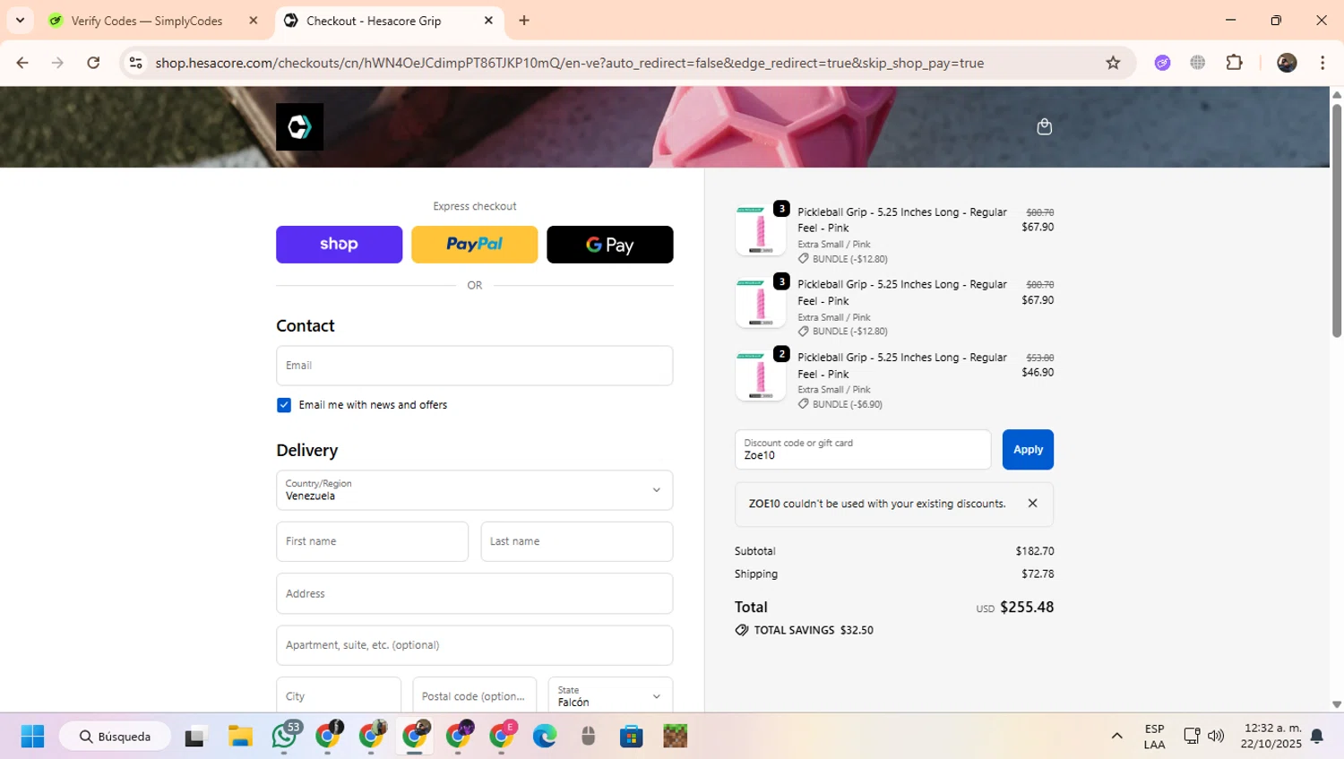 Hesacore Pickleball Grip promo code screenshot showing code Zoe10 applied at Hesacore Pickleball Grip checkout page. Uploaded by SimplyCodes community member CoinScout855 on Oct 22, 2025