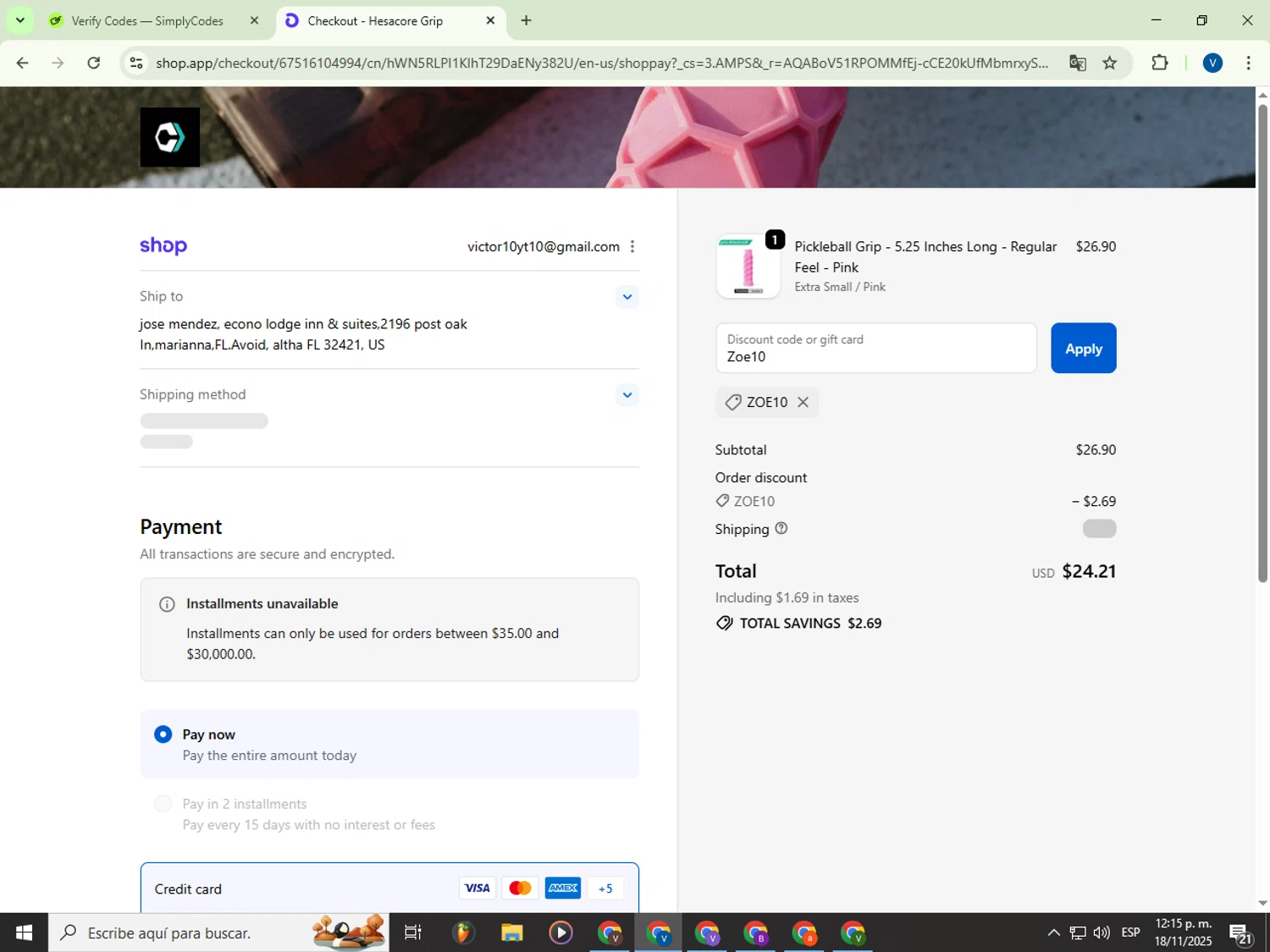 Hesacore Pickleball Grip promo code screenshot showing code Zoe10 applied at Hesacore Pickleball Grip checkout page. Uploaded by SimplyCodes community member Garou_Y2K on Nov 18, 2025