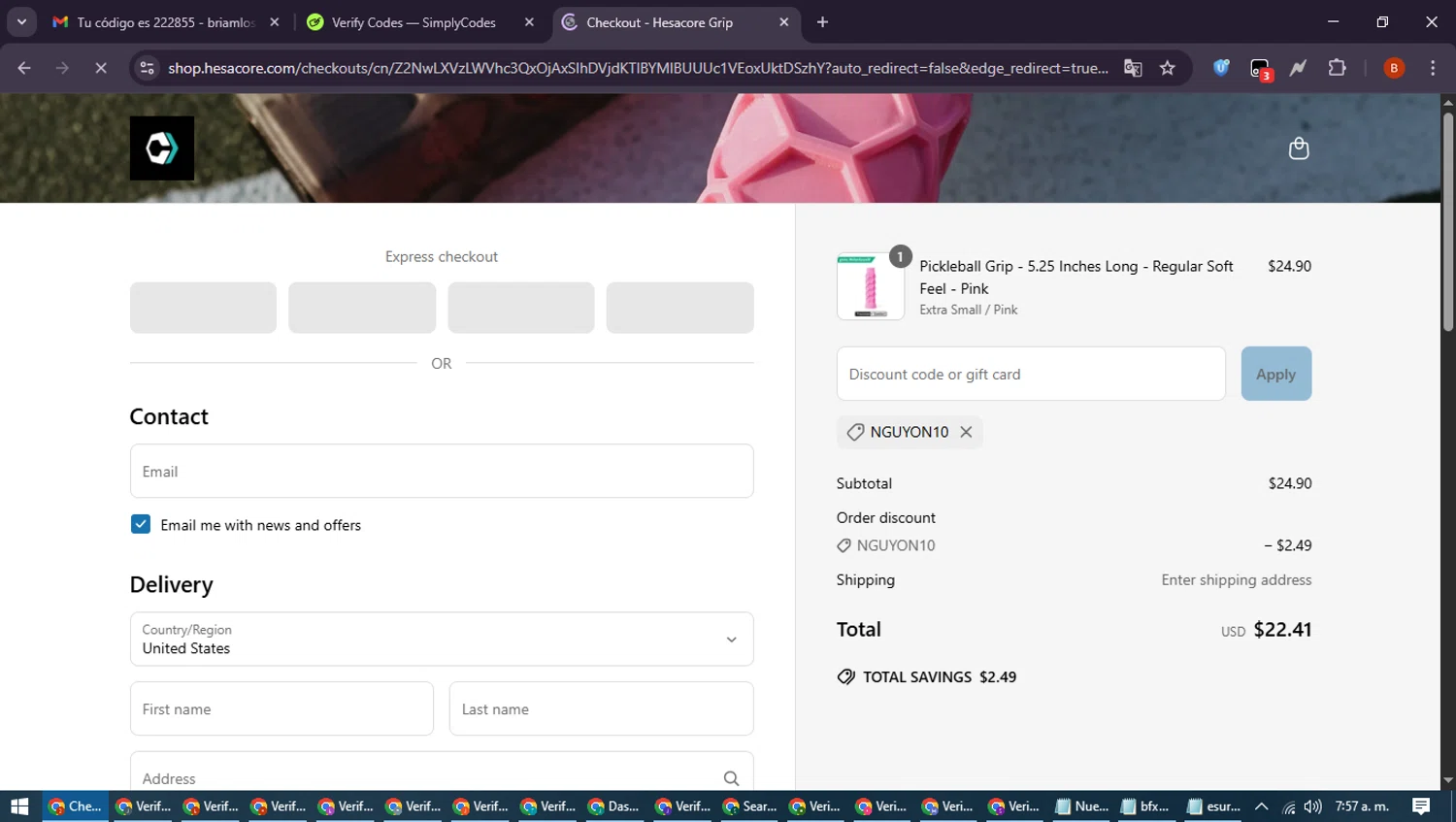 Hesacore Pickleball Grip promo code screenshot showing code NGUYON10 applied at Hesacore Pickleball Grip checkout page. Uploaded by SimplyCodes community member DiscountExpert6435 on Jun 10, 2025