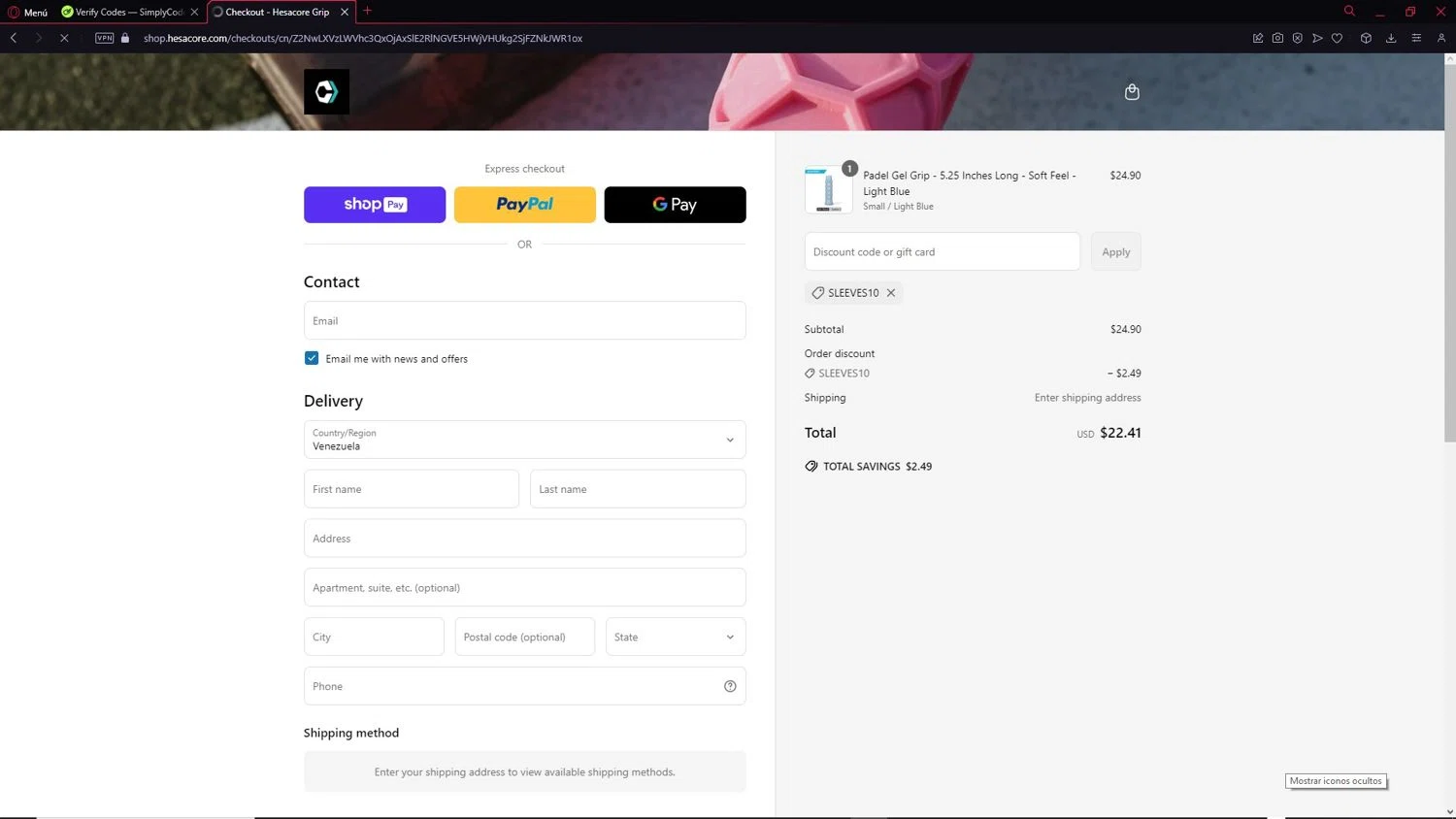 Hesacore Pickleball Grip promo code screenshot showing code SLEEVES10 applied at Hesacore Pickleball Grip checkout page. Uploaded by SimplyCodes community member DEMON9 on Mar 25, 2025