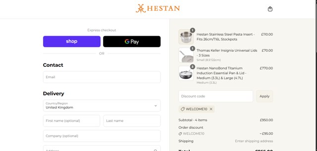 Hestan Culinary checkout page showing Hestan Culinary discount code box | Screenshot taken by SimplyCodes community member on Sep 5, 2025