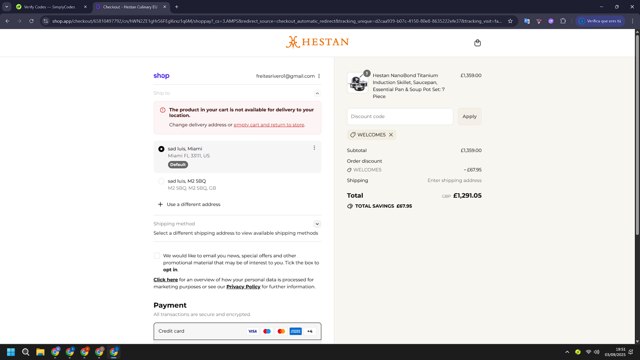 Hestan Culinary checkout page showing Hestan Culinary discount code box | Screenshot taken by SimplyCodes community member on Sep 3, 2025