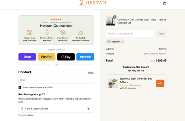 Hestan Culinary checkout page showing Hestan Culinary discount code box | Screenshot taken by SimplyCodes community member on Sep 4, 2025