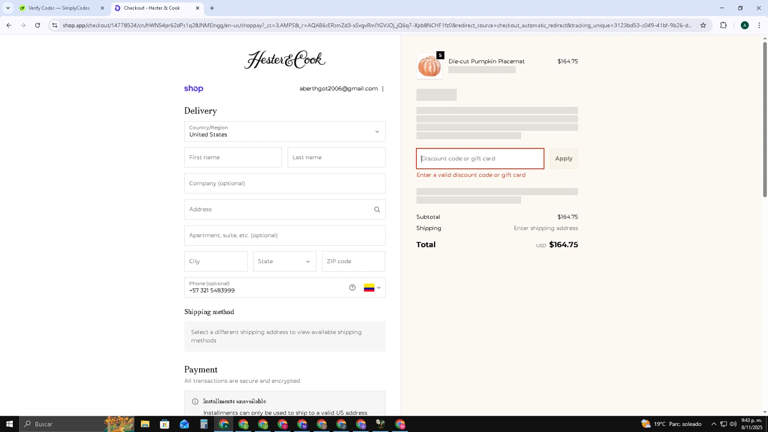 Hester & Cook promo code screenshot showing code COTTAGEJOURNAL applied at Hester & Cook checkout page. Uploaded by SimplyCodes community member HAOJIN on Nov 9, 2025