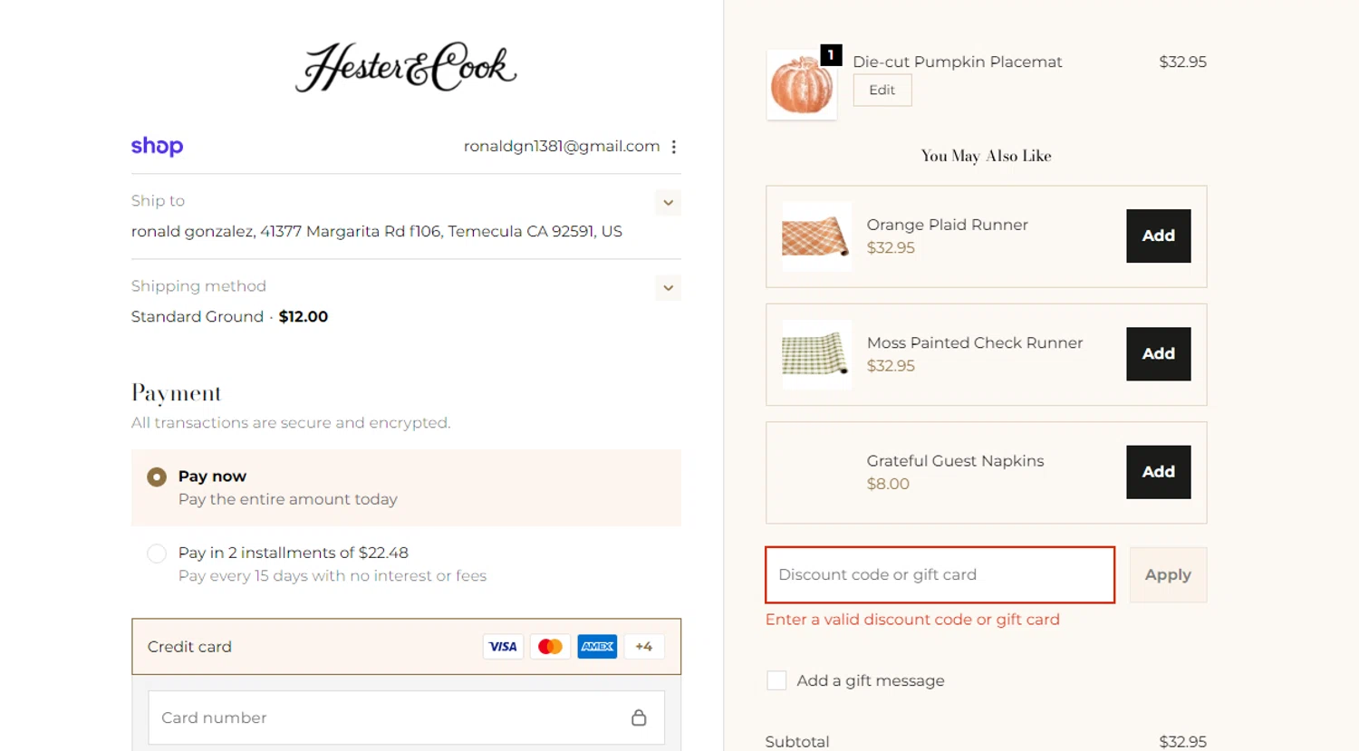 Hester & Cook promo code screenshot showing code COTTAGEJOURNAL applied at Hester & Cook checkout page. Uploaded by SimplyCodes community member SavvyHawk656 on Nov 9, 2025