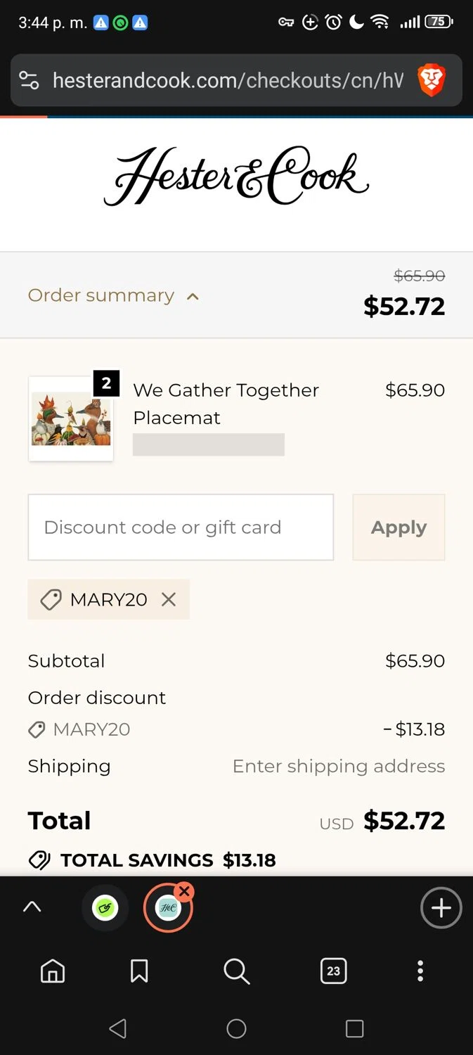 Hester & Cook promo code screenshot showing code MARY20 applied at Hester & Cook checkout page. Uploaded by SimplyCodes community member Minatonamekaze on Oct 22, 2025