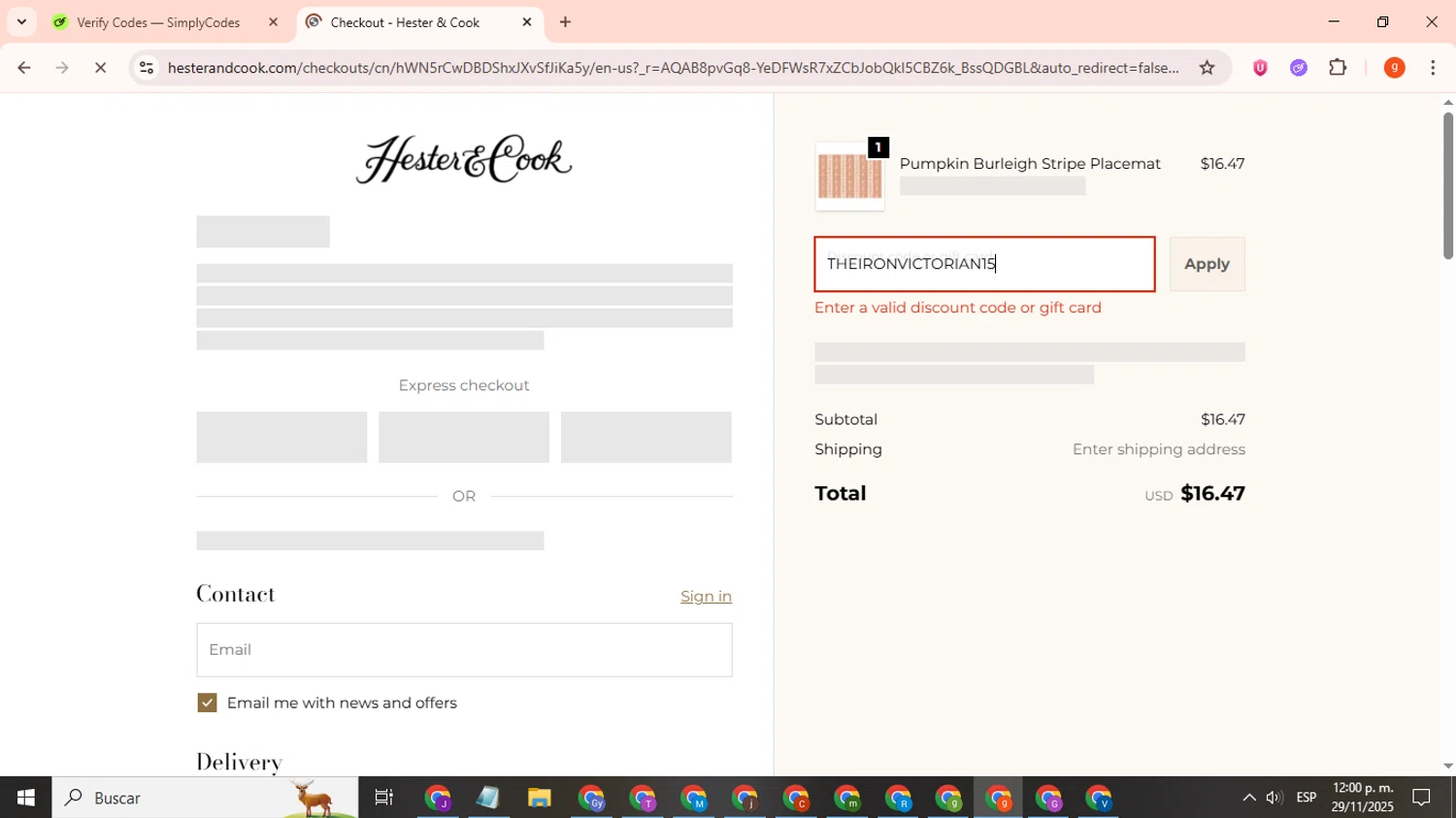 Hester & Cook promo code screenshot showing code THEIRONVICTORIAN15 applied at Hester & Cook checkout page. Uploaded by SimplyCodes community member toniokroos on Nov 29, 2025