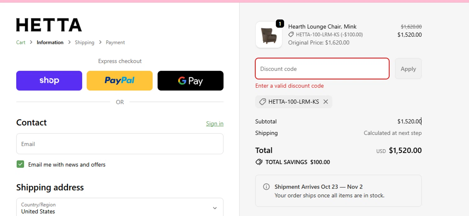 Hetta promo code screenshot showing code HETTA-100-LRM-KS applied at Hetta checkout page. Uploaded by SimplyCodes community member aumentadax10 on Oct 9, 2025