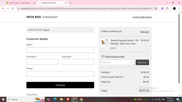 HEVA checkout page showing HEVA promo code box | Screenshot taken by SimplyCodes community member on Jul 2, 2025