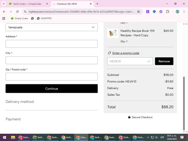 HEVA checkout page showing HEVA promo code box | Screenshot taken by SimplyCodes community member on Aug 24, 2025