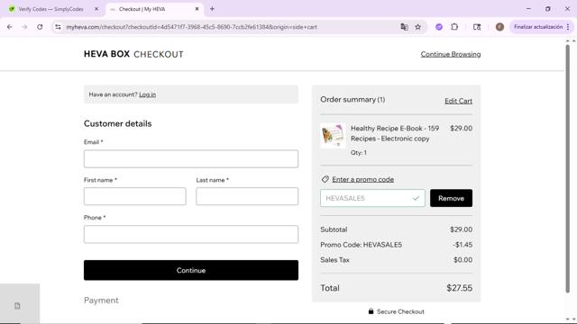 HEVA checkout page showing HEVA promo code box | Screenshot taken by SimplyCodes community member on Jul 23, 2025